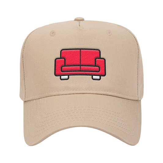 Beige cap with a red couch icon on a white background